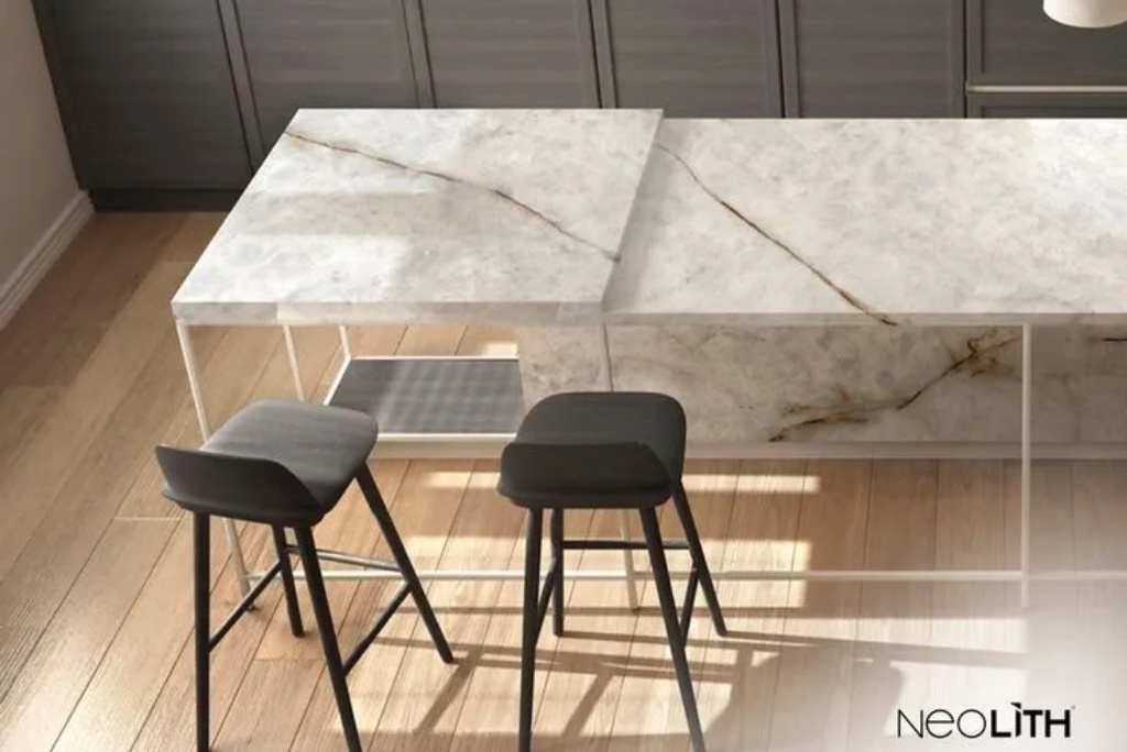 Neolith banner with an island and chair set