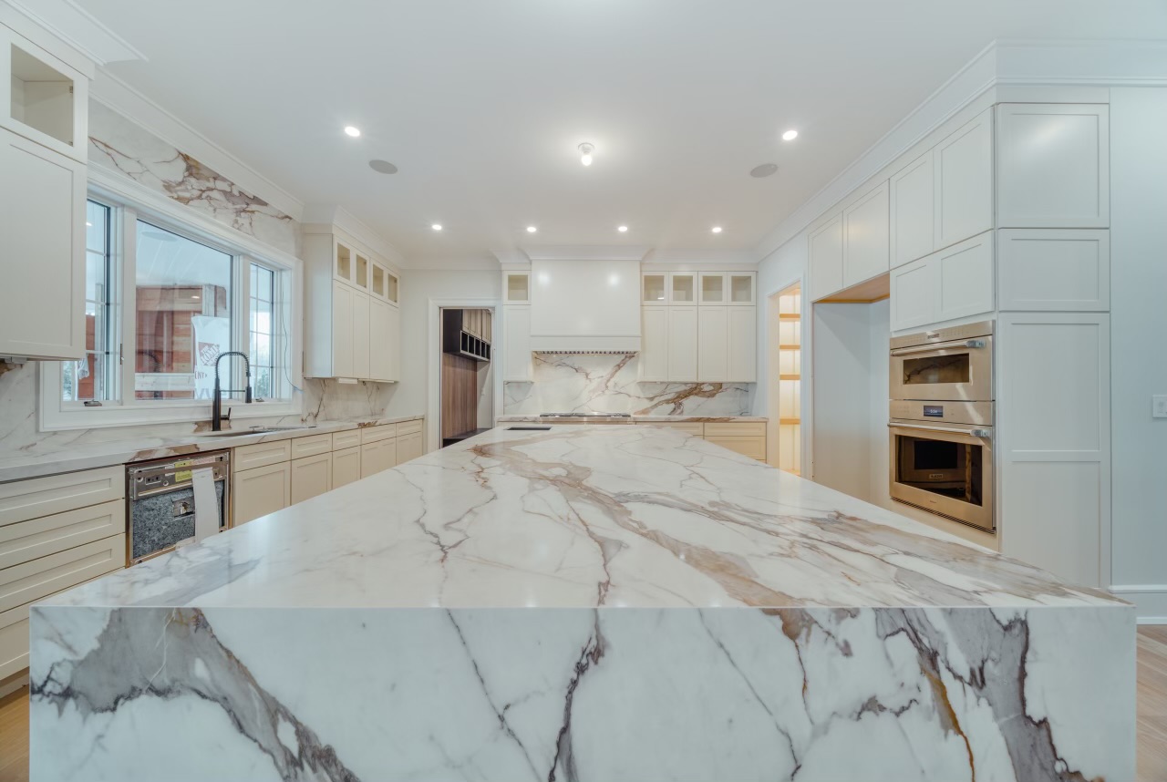 closeup shot of the marble countertop in the kitchen